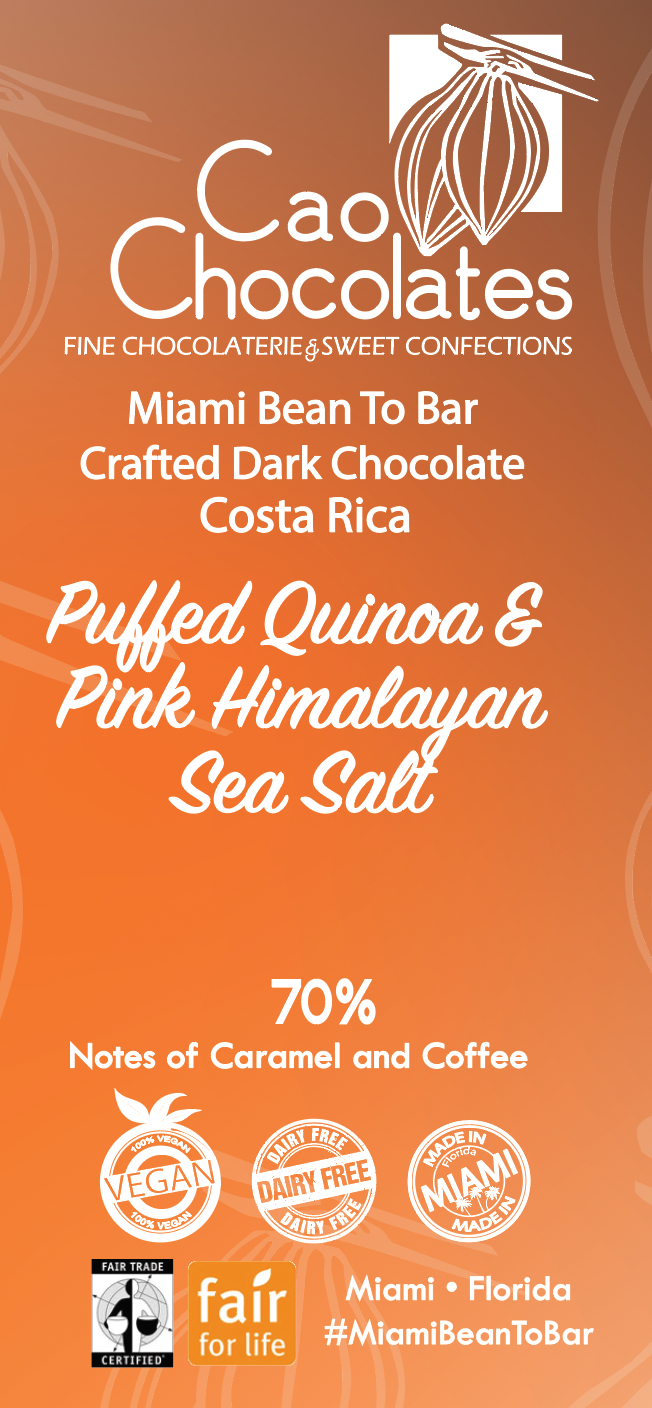 Dark Chocolate single origin Costa Rica 70% + puffed quinoa and pink Himalayan sea salt